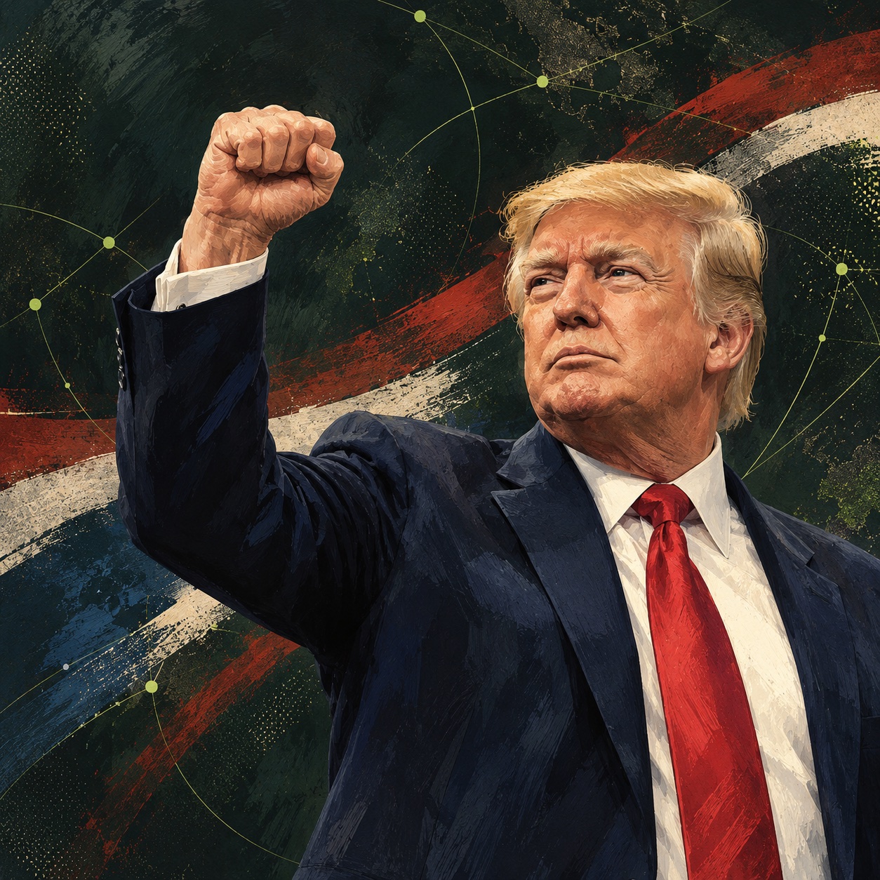 KI-generierte redaktionelle Illustration von Donald Trump mit erhobener Faust.